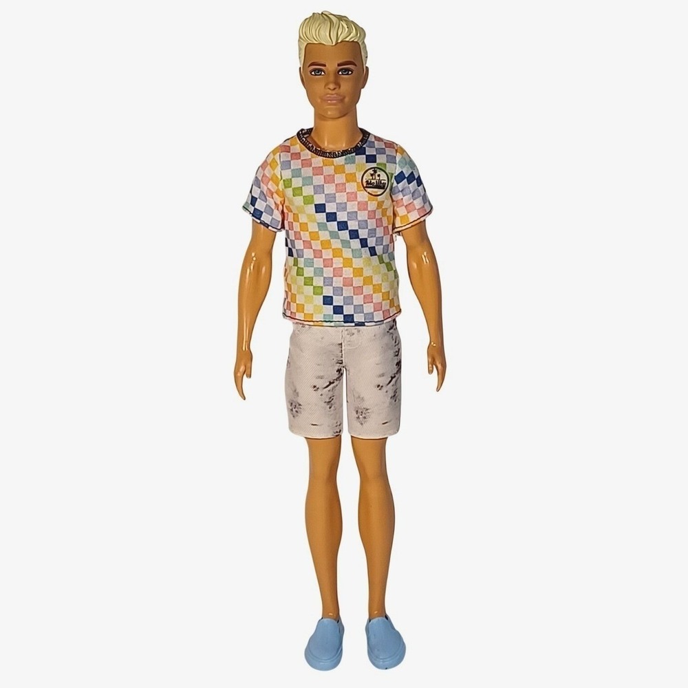Mattel Ken Fashionistas Doll Rainbow Checker Malibu Shirt Blonde Hair Blue Shoes